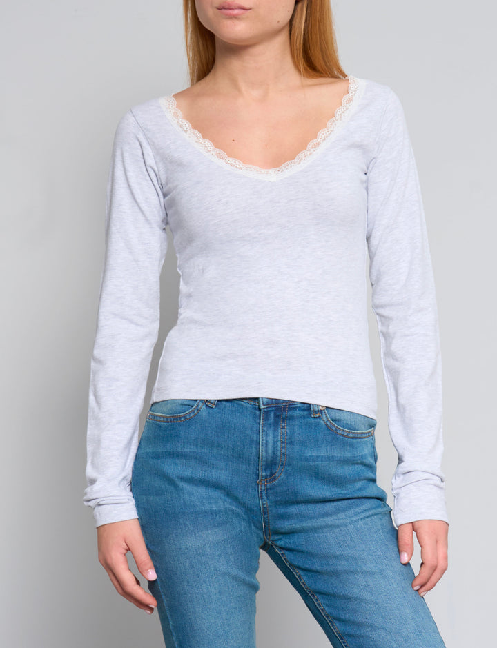 T-shirt grigia a manica lunga con scollo in pizzo frontale