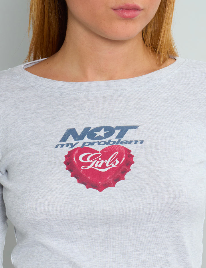 T-shirt grigia a manica lunga con scritta frontale "Not my Problem" dettaglio