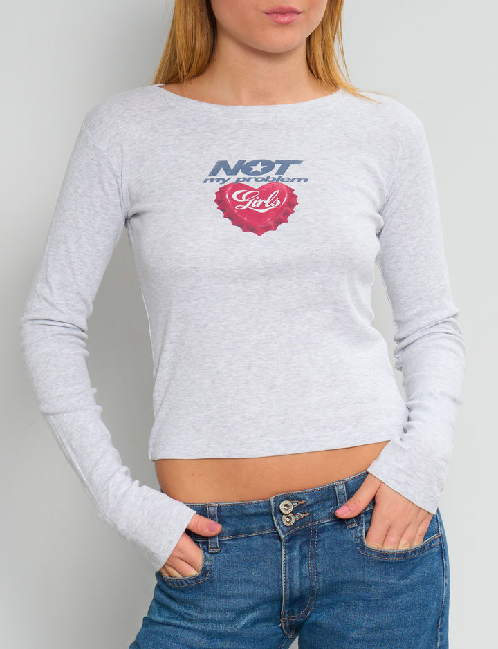 T-shirt grigia a manica lunga con scritta frontale "Not my Problem" frontale