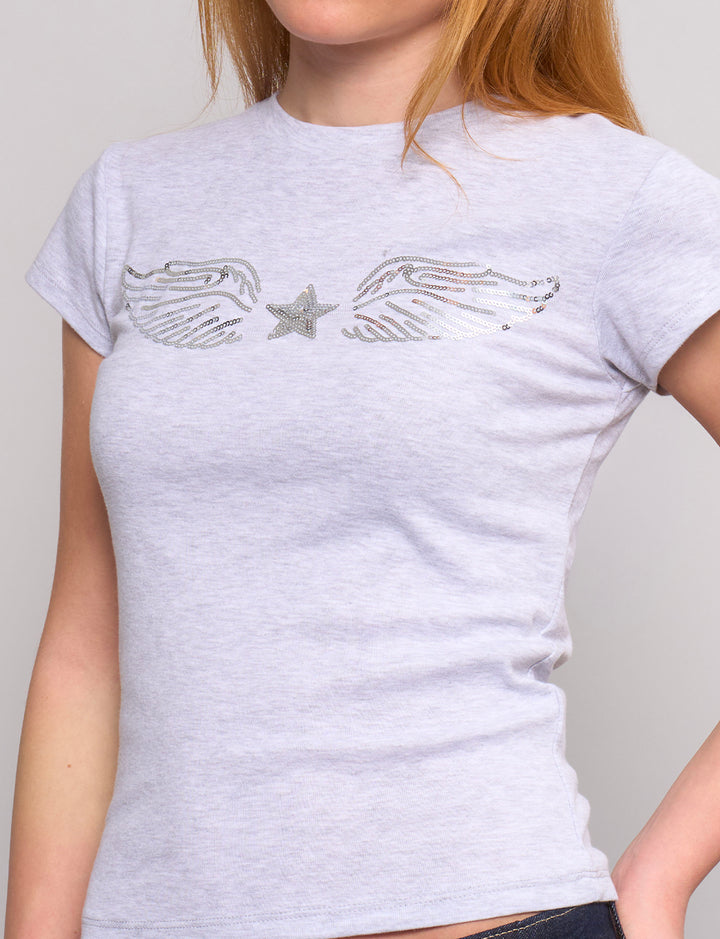 T-shirt grigia con ali in paillettes