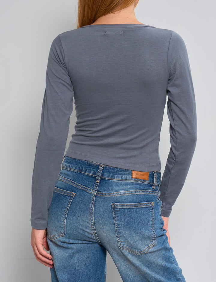 T-shirt indigo a maniche lunghe con scollo a V incrociato retro
