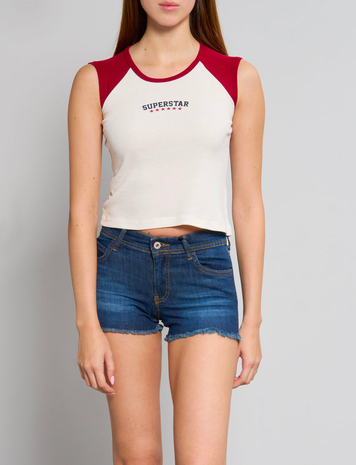 T-shirt manica bicolor con scritta “Superstar" frontale