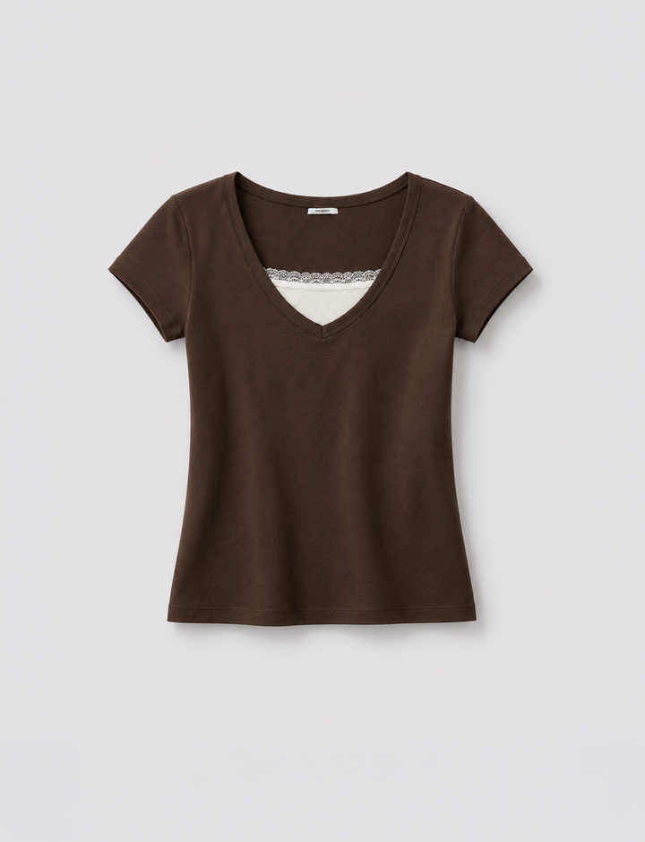T-shirt marrone doppio strato con pizzo still life