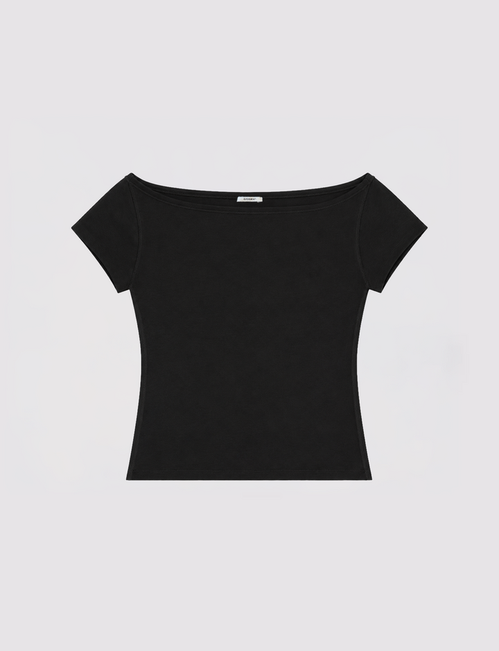 T-shirt nera a maniche corte con scollo a barca still life