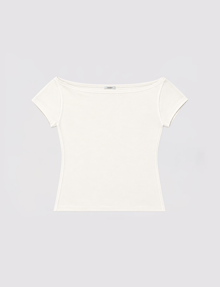 T-shirt panna a maniche corte con scollo a barca still life