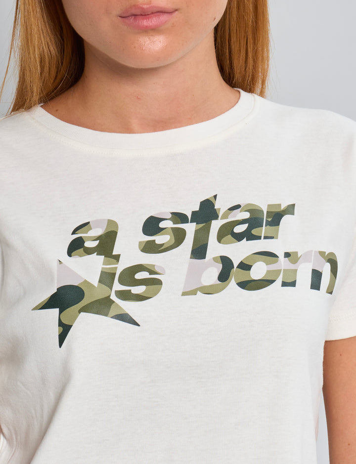 T-shirt panna boxy con scritta camouflage "a star is born" dettaglio stampa