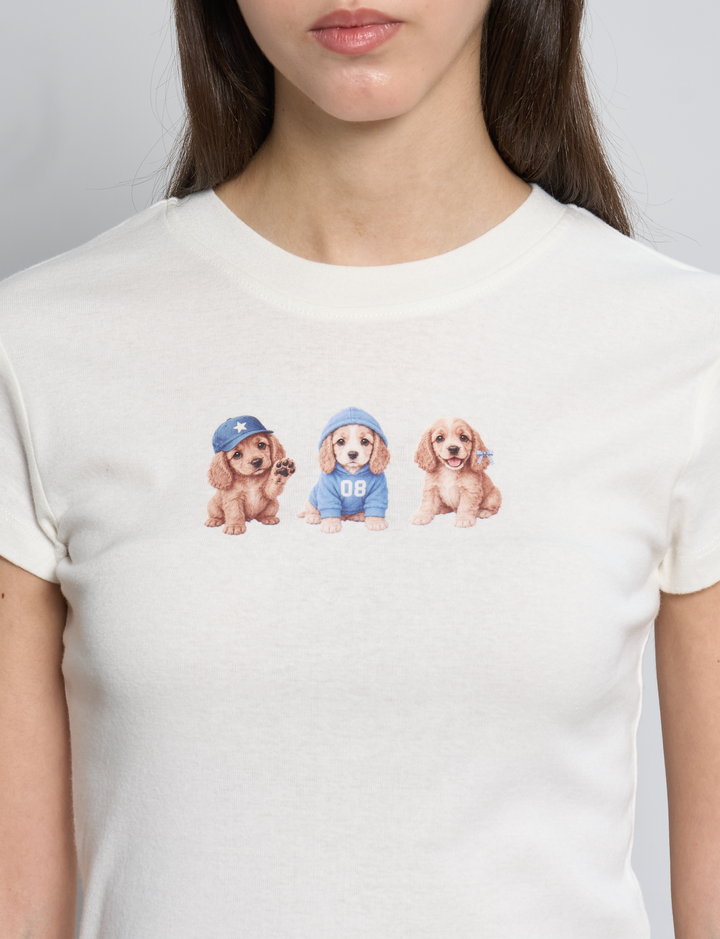 T-shirt panna con stampa di cagnolini dettaglio