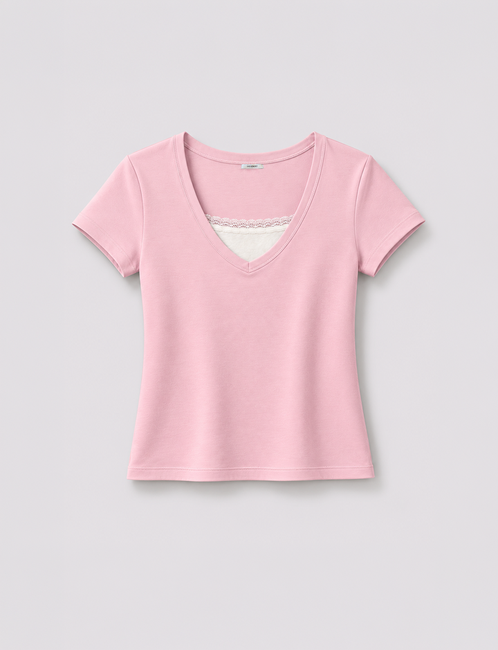 T-shirt rosa doppio strato con pizzo still life