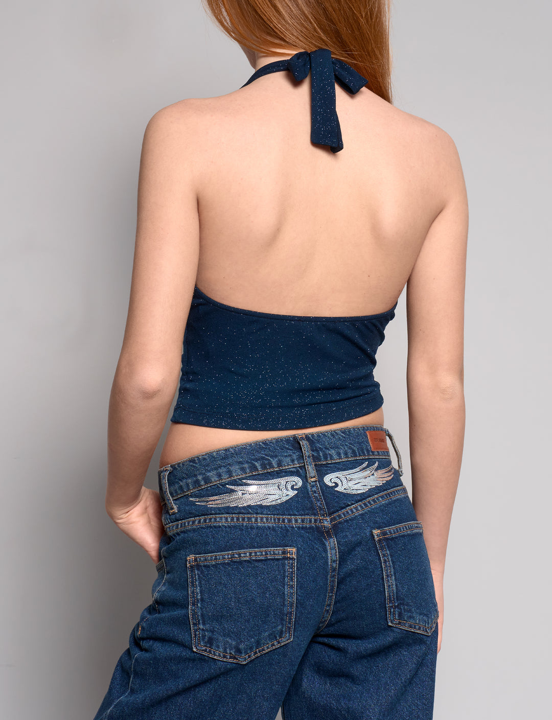 Top blu navy in lurex con scollo morbido e schiena scoperta