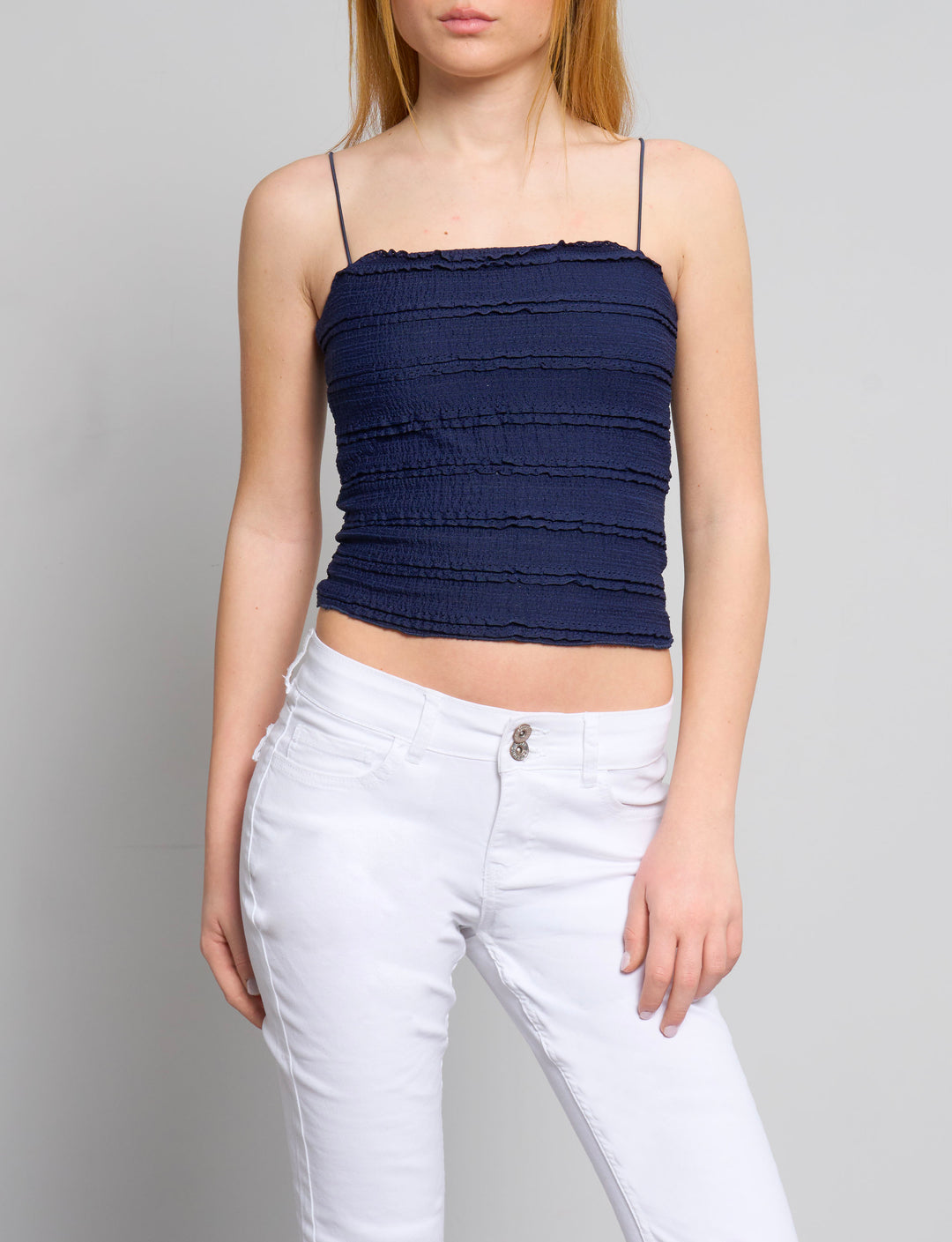 Top a fascia blu navy con rouches frontale