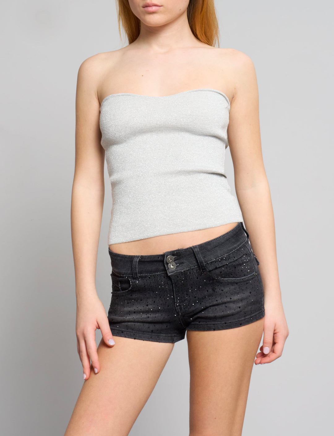 Top a fascia in maglia argento frontale