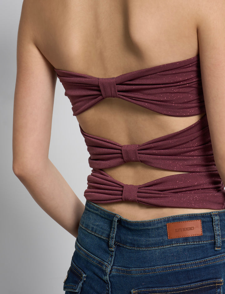 Top a fascia rosso scuro glitterato con nodi sul retro dettaglio