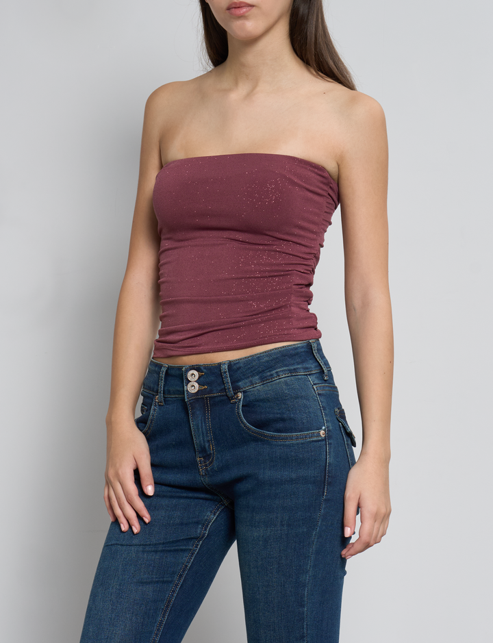 Top a fascia rosso scuro glitterato con nodi sul retro frontale