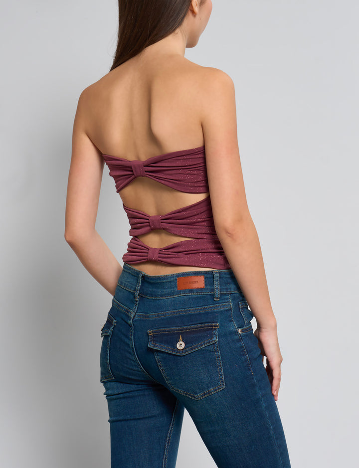 Top a fascia rosso scuro glitterato con nodi sul retro retro