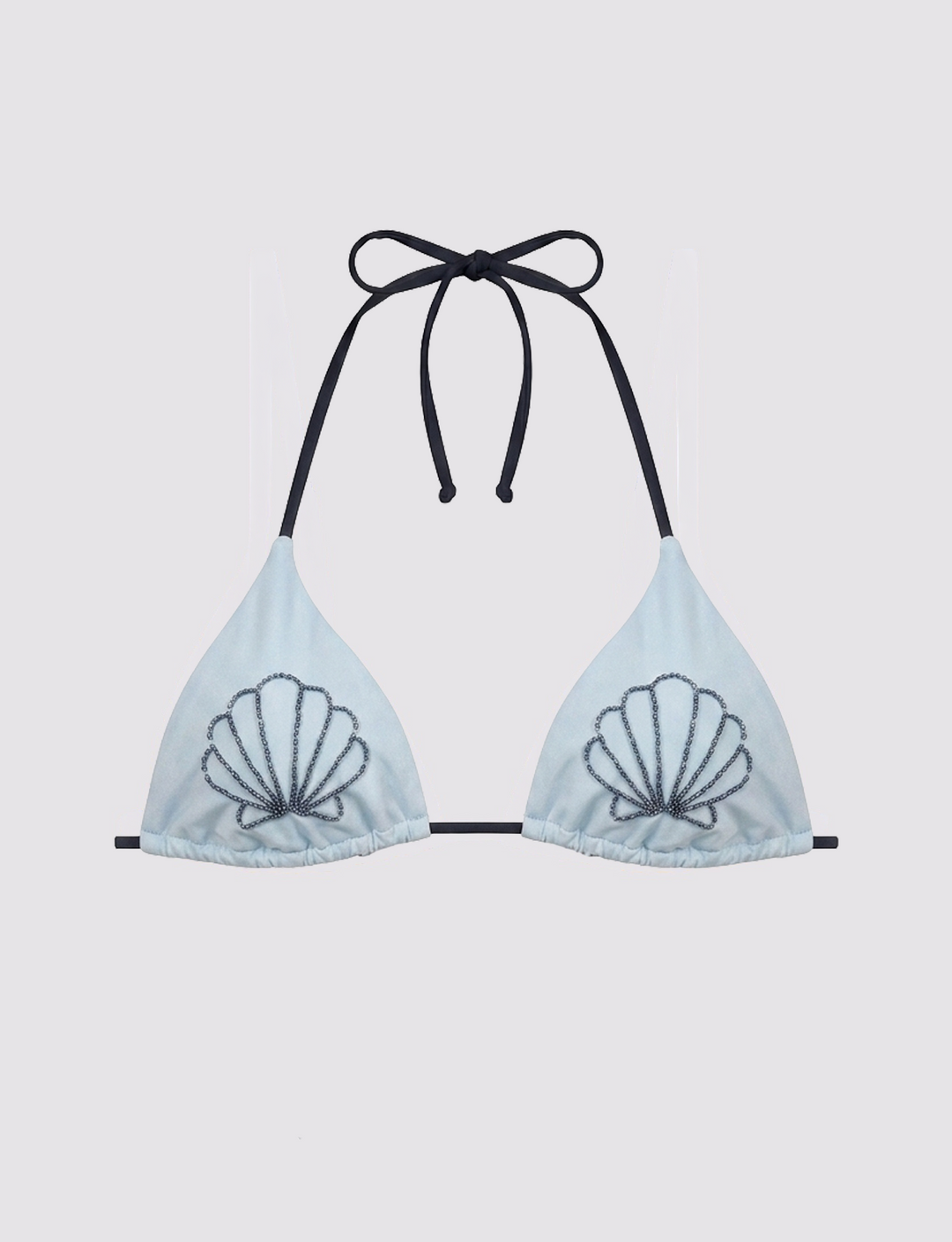 Top bikini a triangolo azzurro con ricamo conchiglie in perline frontale