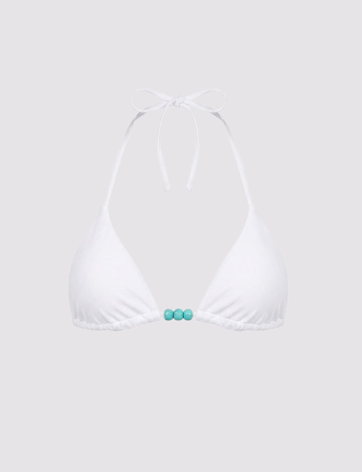 Top bikini a triangolo bianco con perline