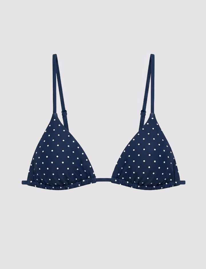 Top bikini a triangolo blu a pois