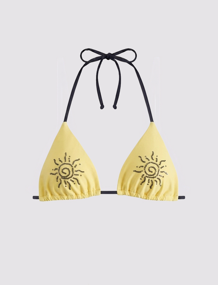 Top bikini a triangolo giallo con ricamo soli in perline