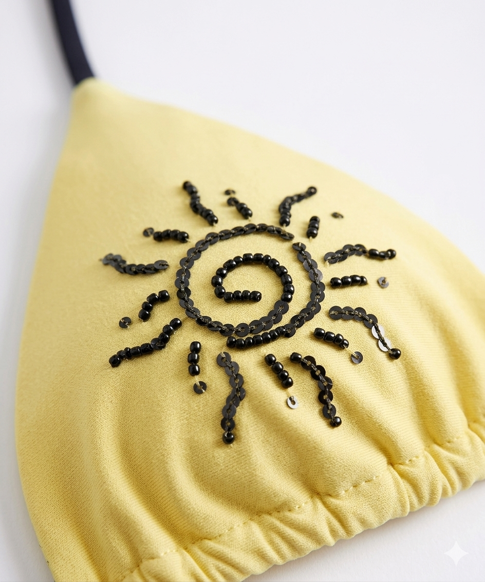 Top bikini a triangolo giallo con ricamo soli in perline dettaglio