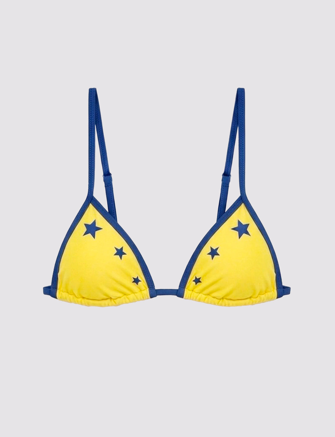 Top bikini a triangolo giallo con stelle blu