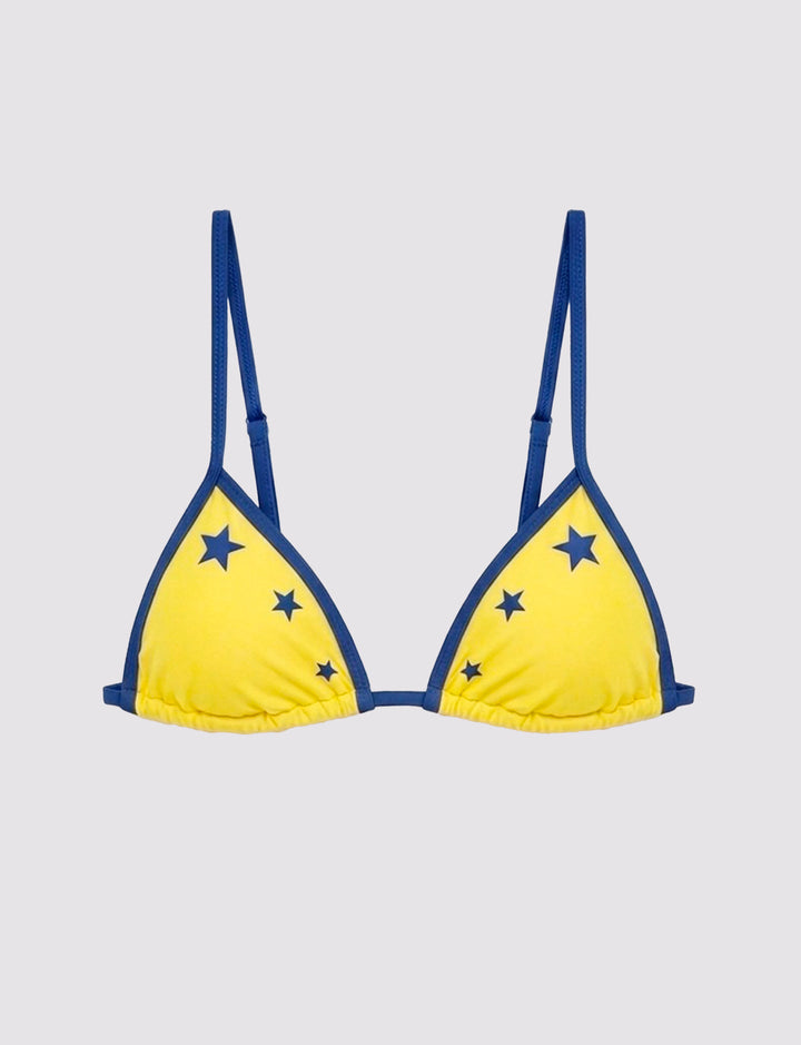 Top bikini a triangolo giallo con stelle blu