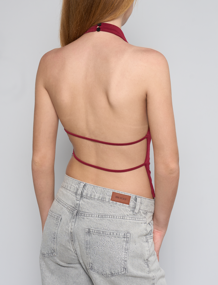 Top bordeaux con scollo morbido e schiena scoperta retro