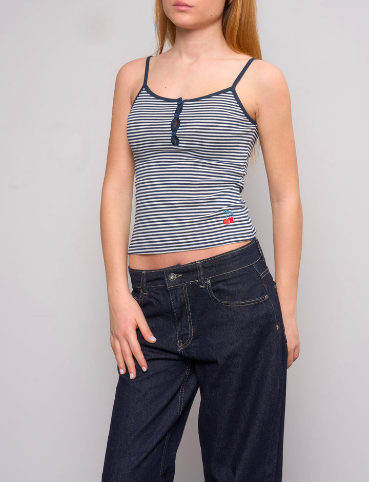 Top canotta a righe con ricamo ciliegie