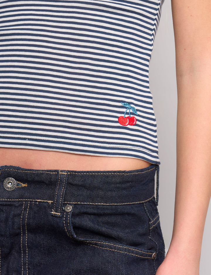 Top canotta a righe con ricamo ciliegie