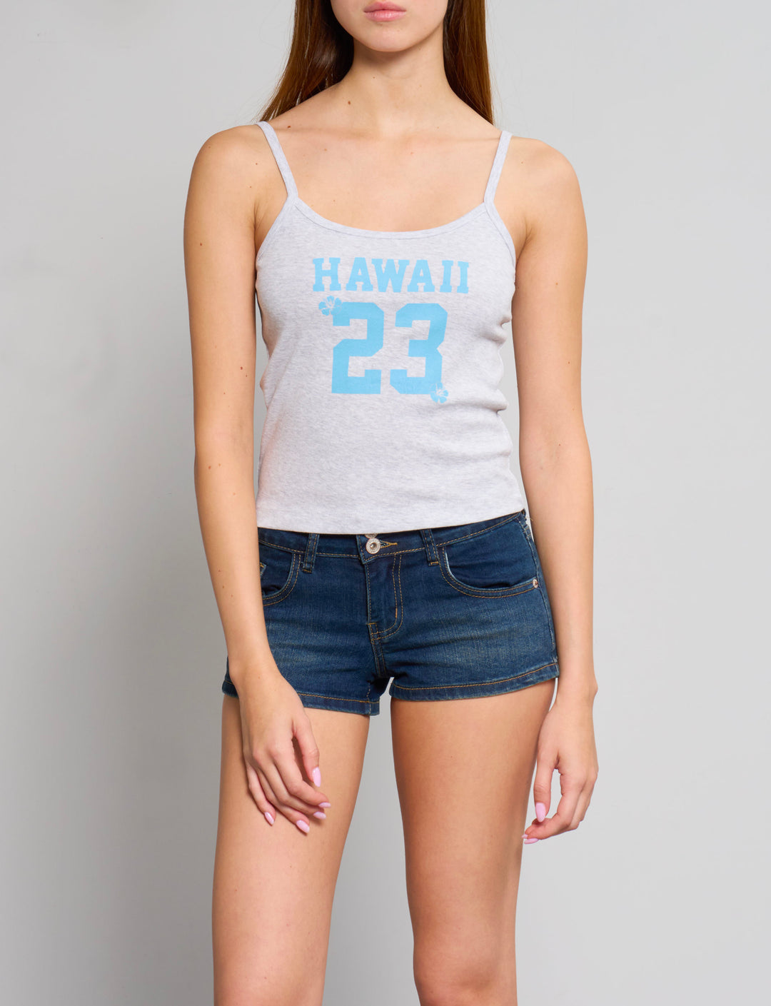 Top canotta con scritta Hawaii e numero 23 frontale