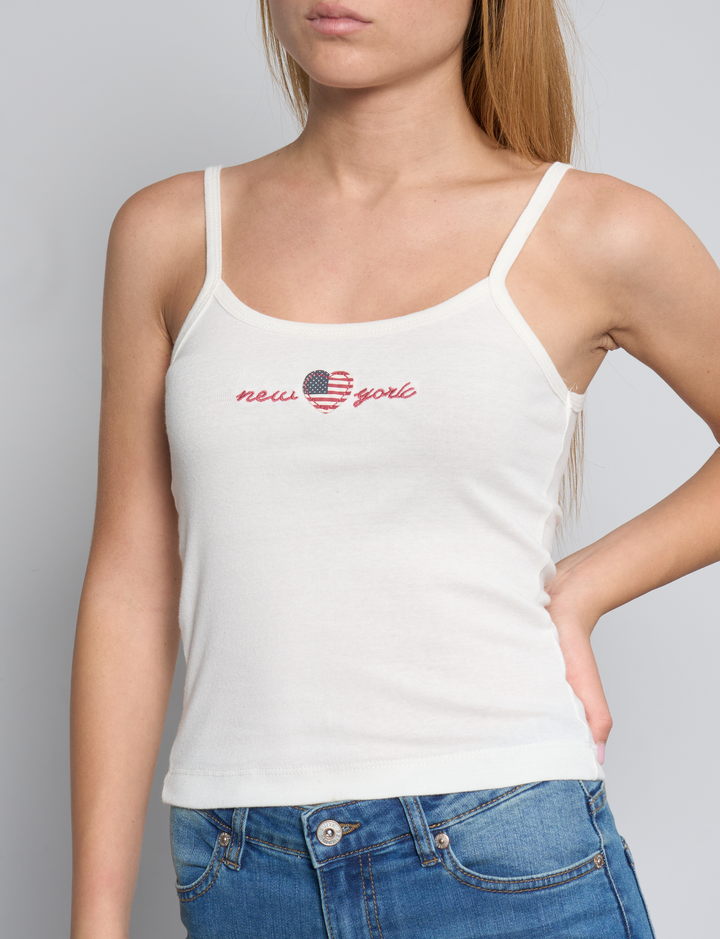 Top canotta panna con grafiche New York dettaglio
