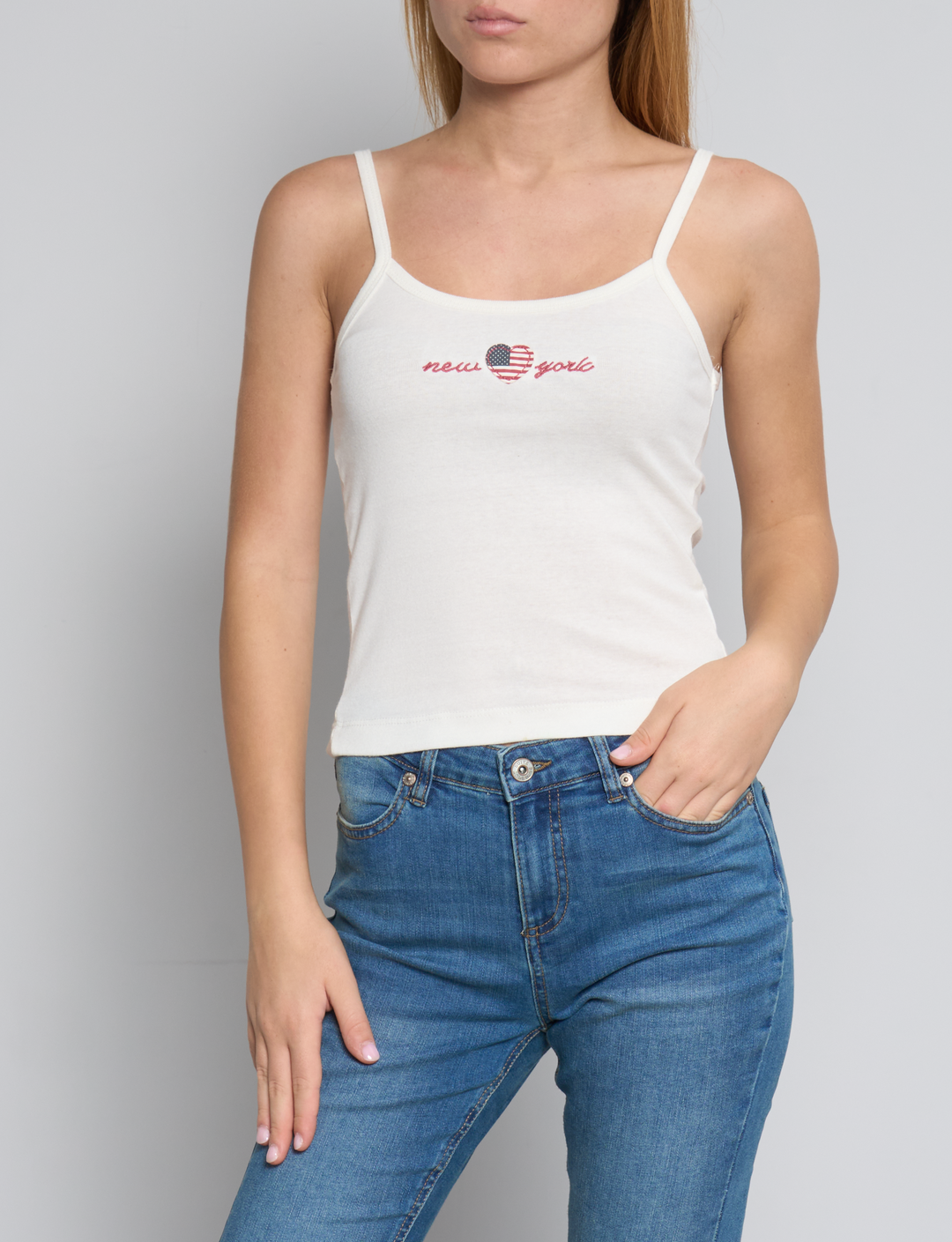 Top canotta panna con grafiche New York frontale