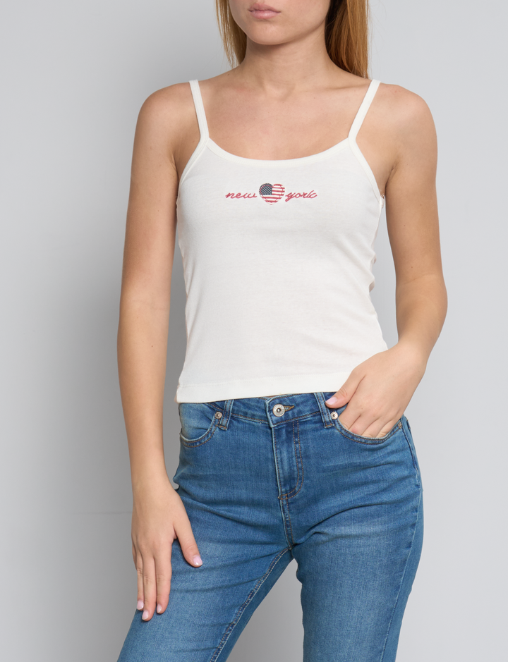Top canotta panna con grafiche New York frontale