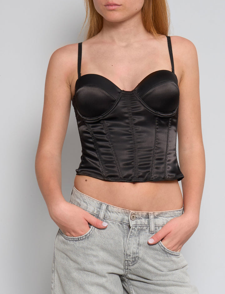 Top corsetto in raso nero frontale
