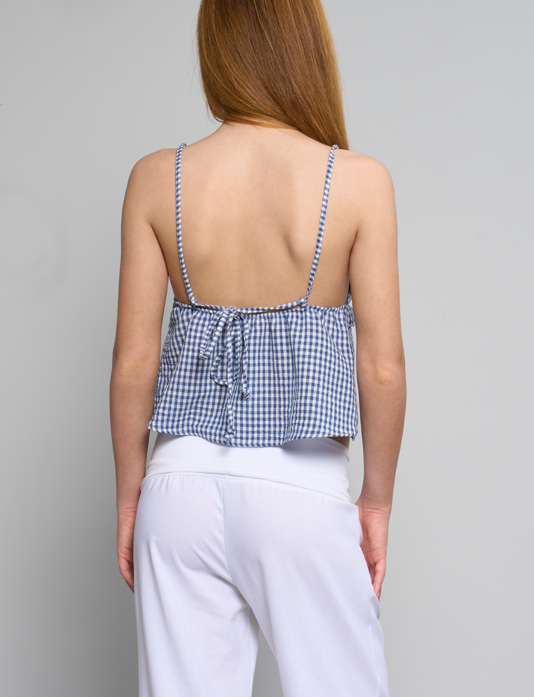 Top corto a quadretti blu retro