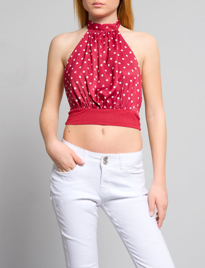 Top crop rosso a pois frontale