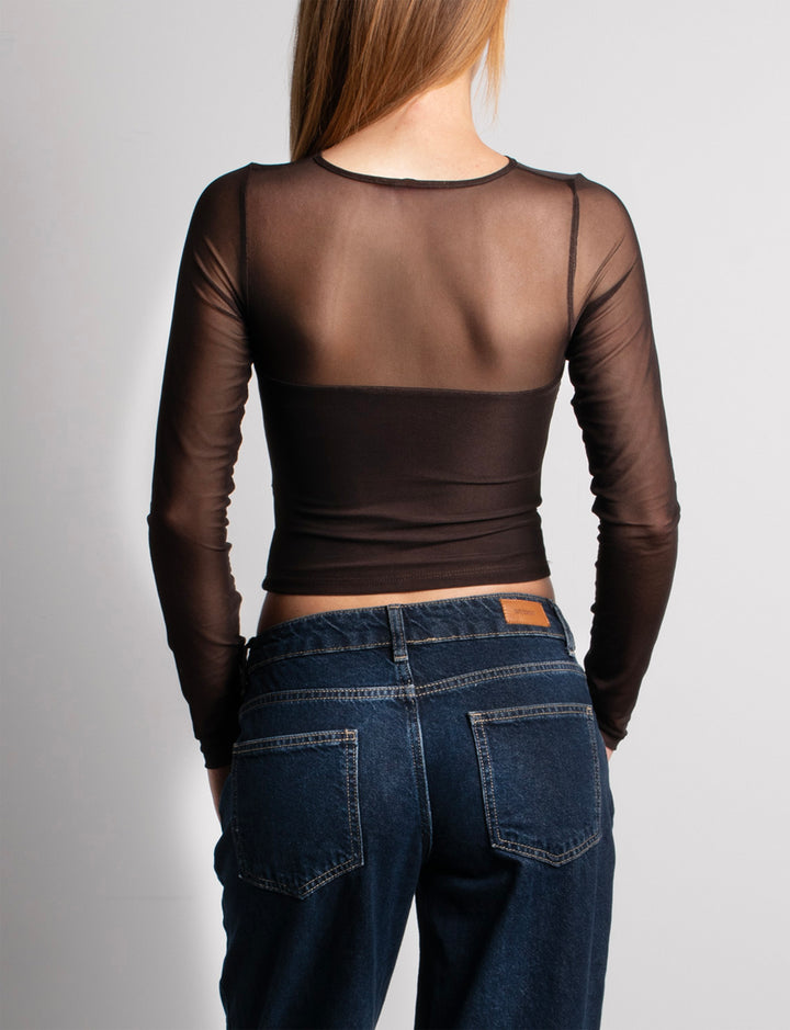 Top marrone in rete con scollo a cuore e trasparenze retro
