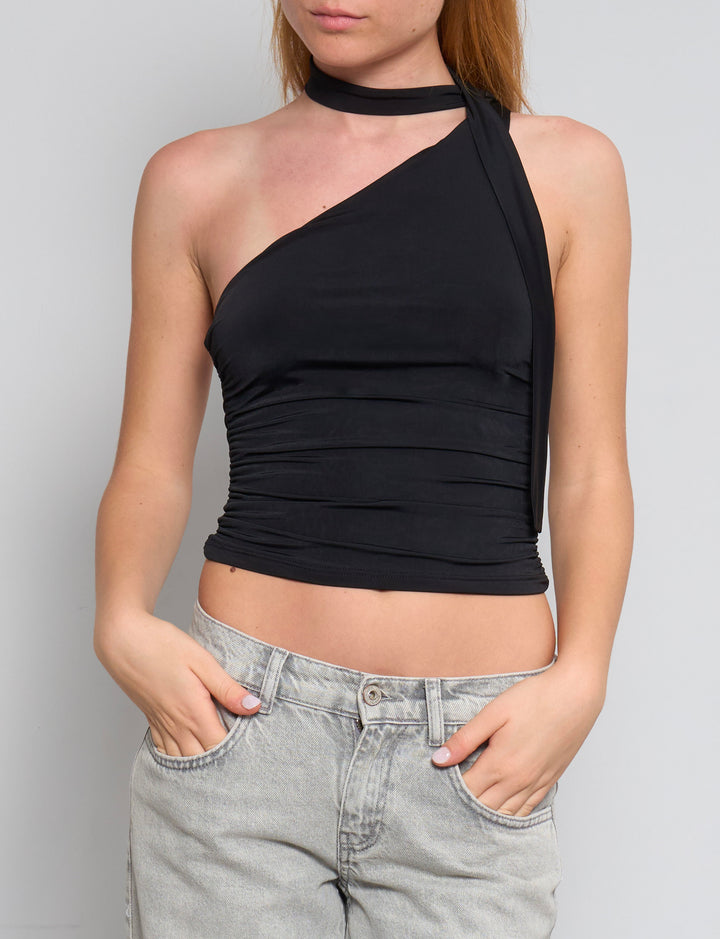 Top monospalla nero con fascia al collo frontale