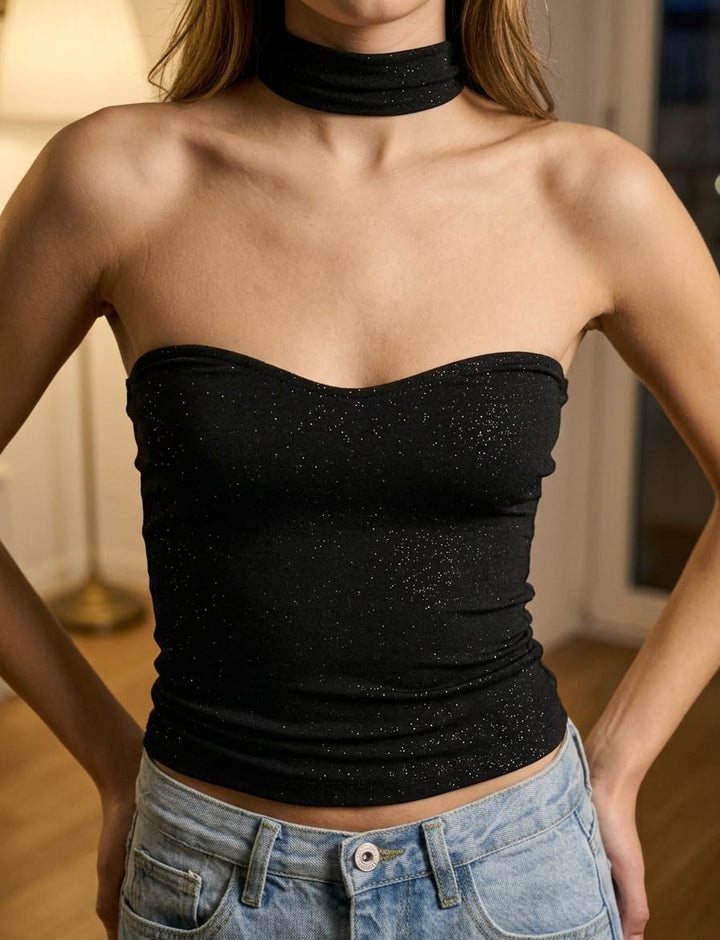 Top nero a fascia in lurex con colletto
