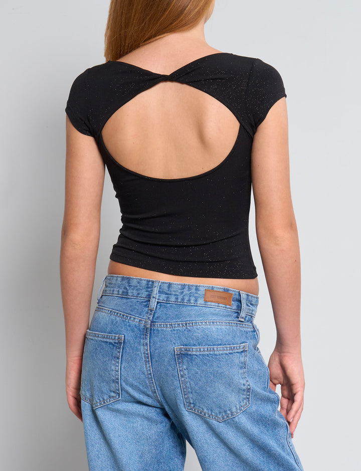 Top nero glitterato con schiena scoperta retro