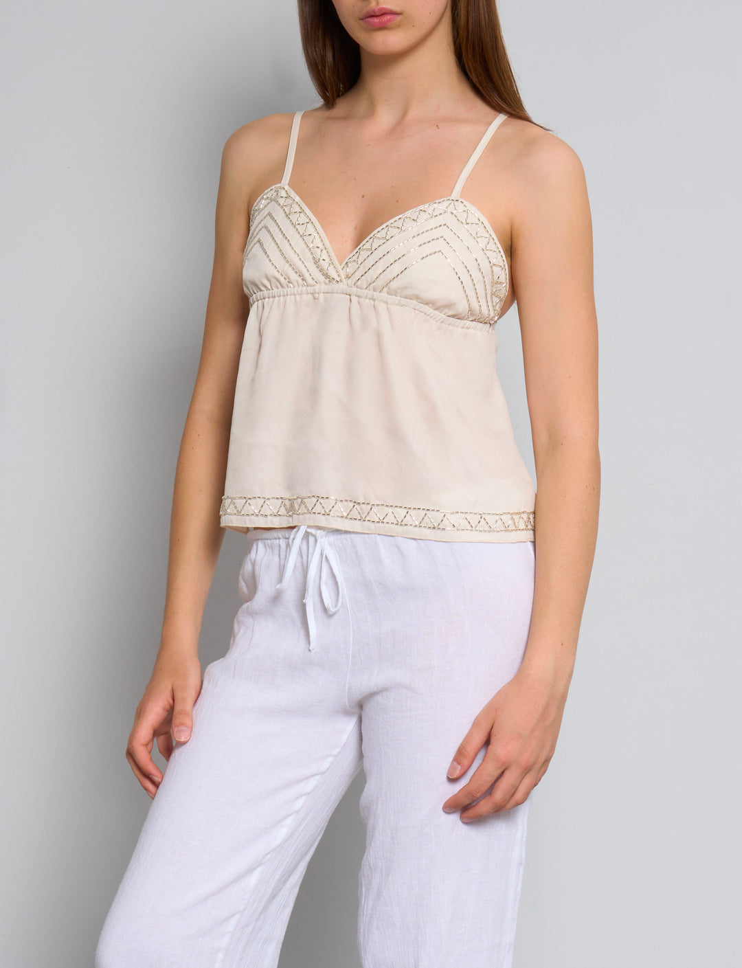 Top panna ricamato con perline frontale