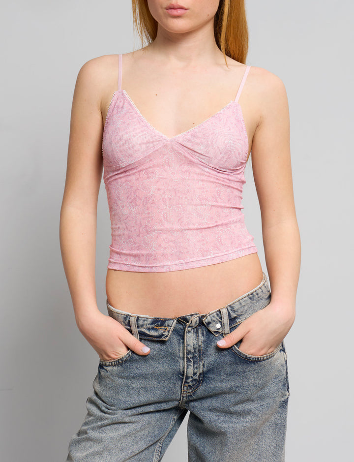 Top rosa a fantasia floreale frontale