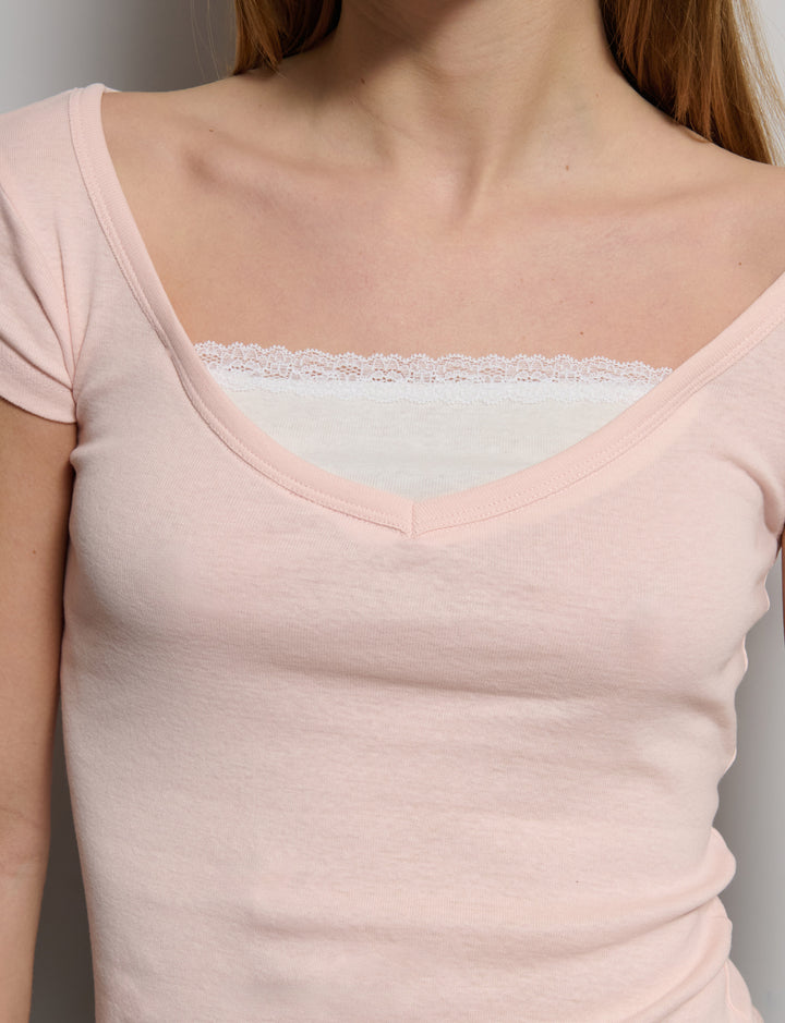 Top rosa doppio strato con pizzo dettaglio scollo