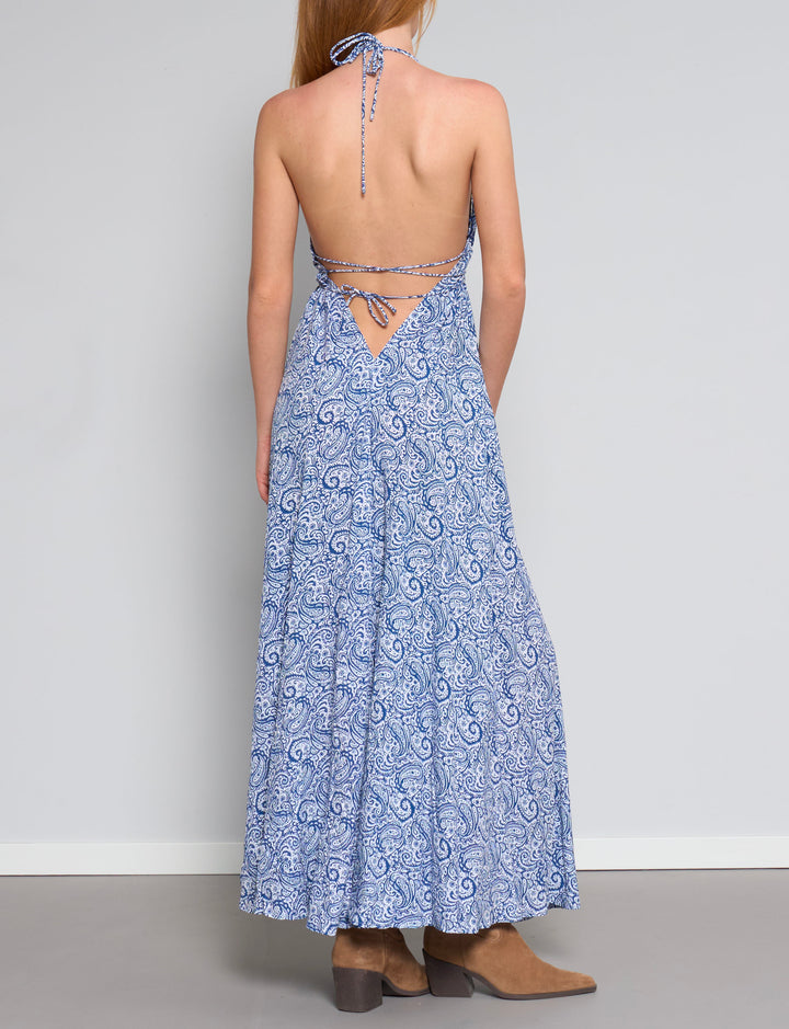 Vestito lungo a fantasia blu con schiena scoperta retro