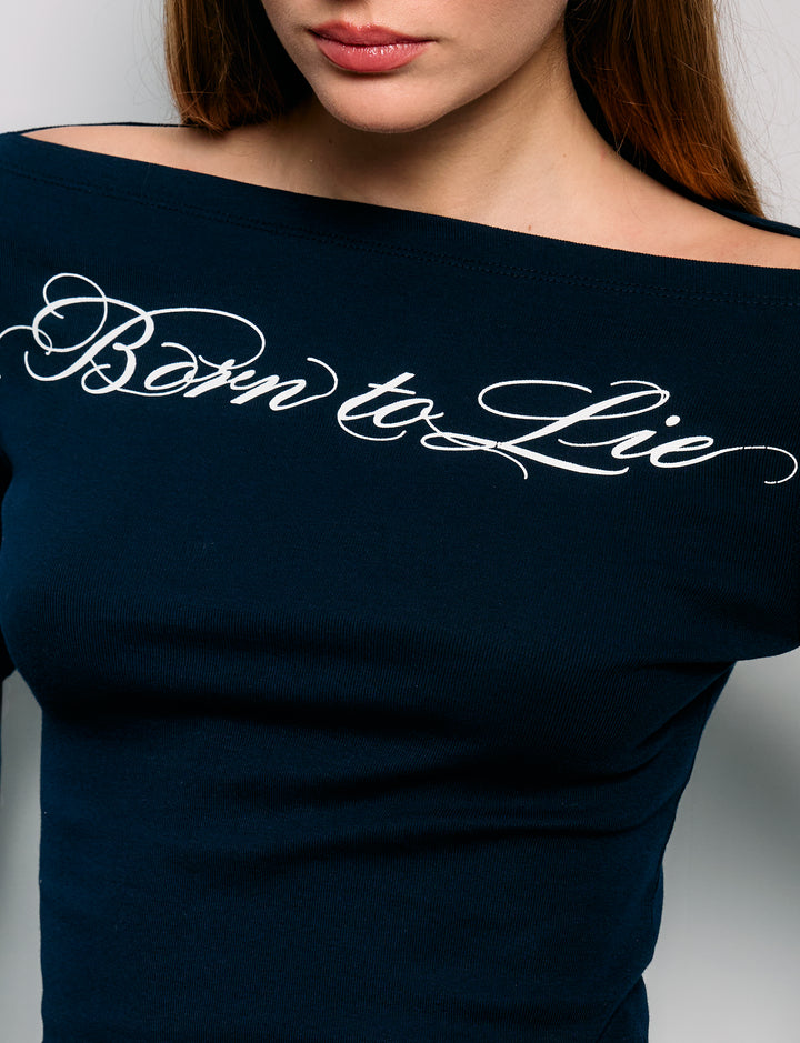 T-shirt blu navy scollo a barca "Born to Lie"