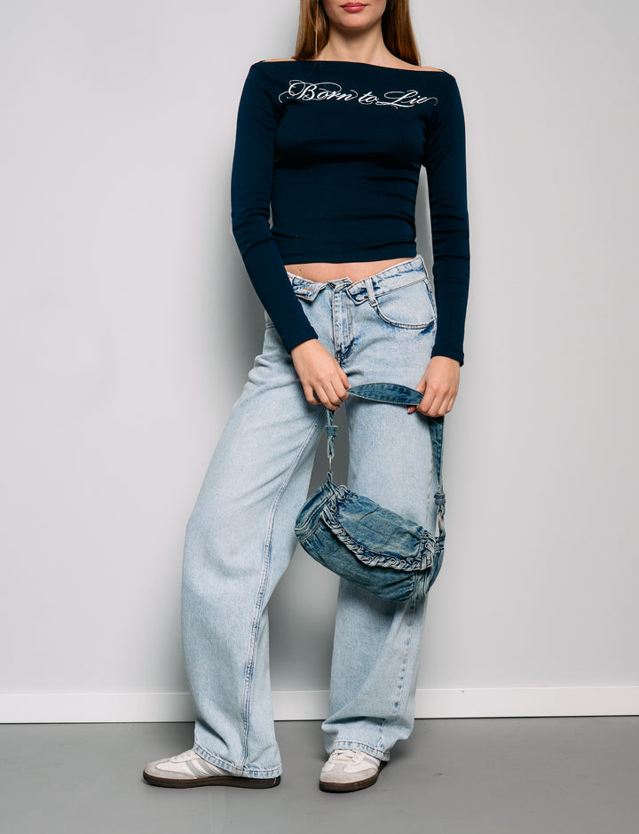 T-shirt blu navy scollo a barca "Born to Lie"