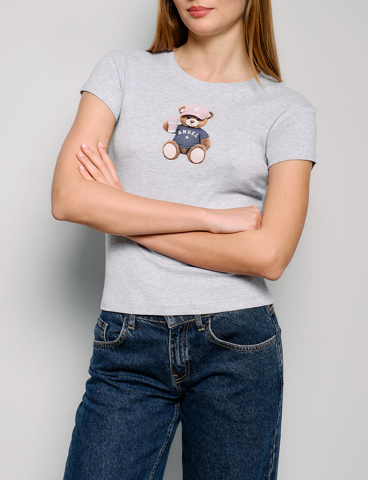 T-shirt grigia con stampa orsetto