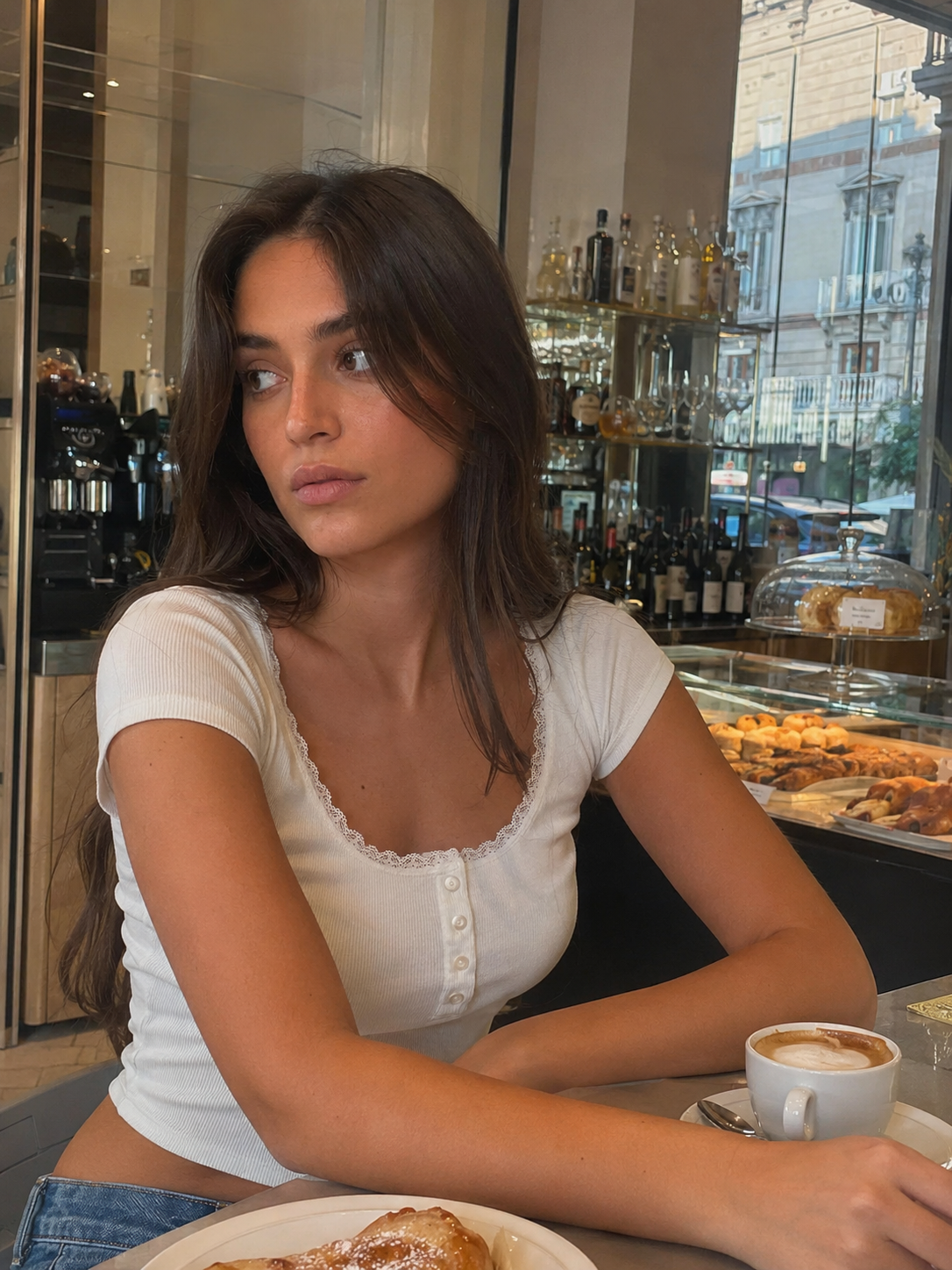 T-shirt a costine panna con bottoni e pizzo