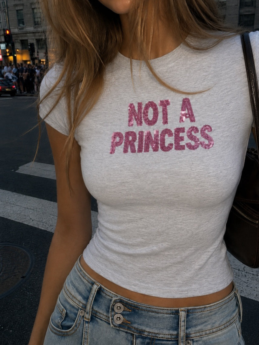 Grey T-shirt with sequin writing